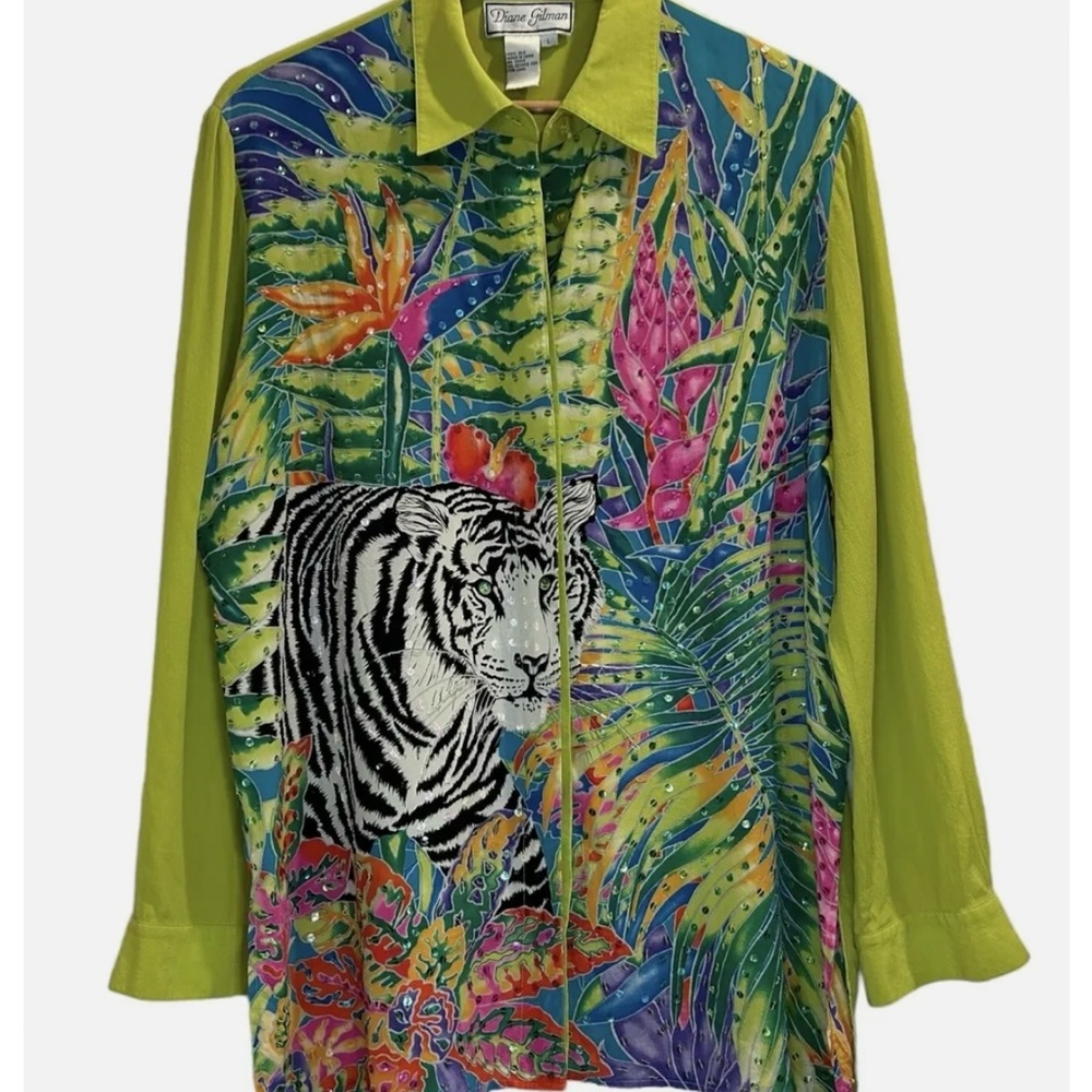 Vintage Diane Gilman Silk Tiger Multicolor Sequin Button Up Longsleeve Blouse M